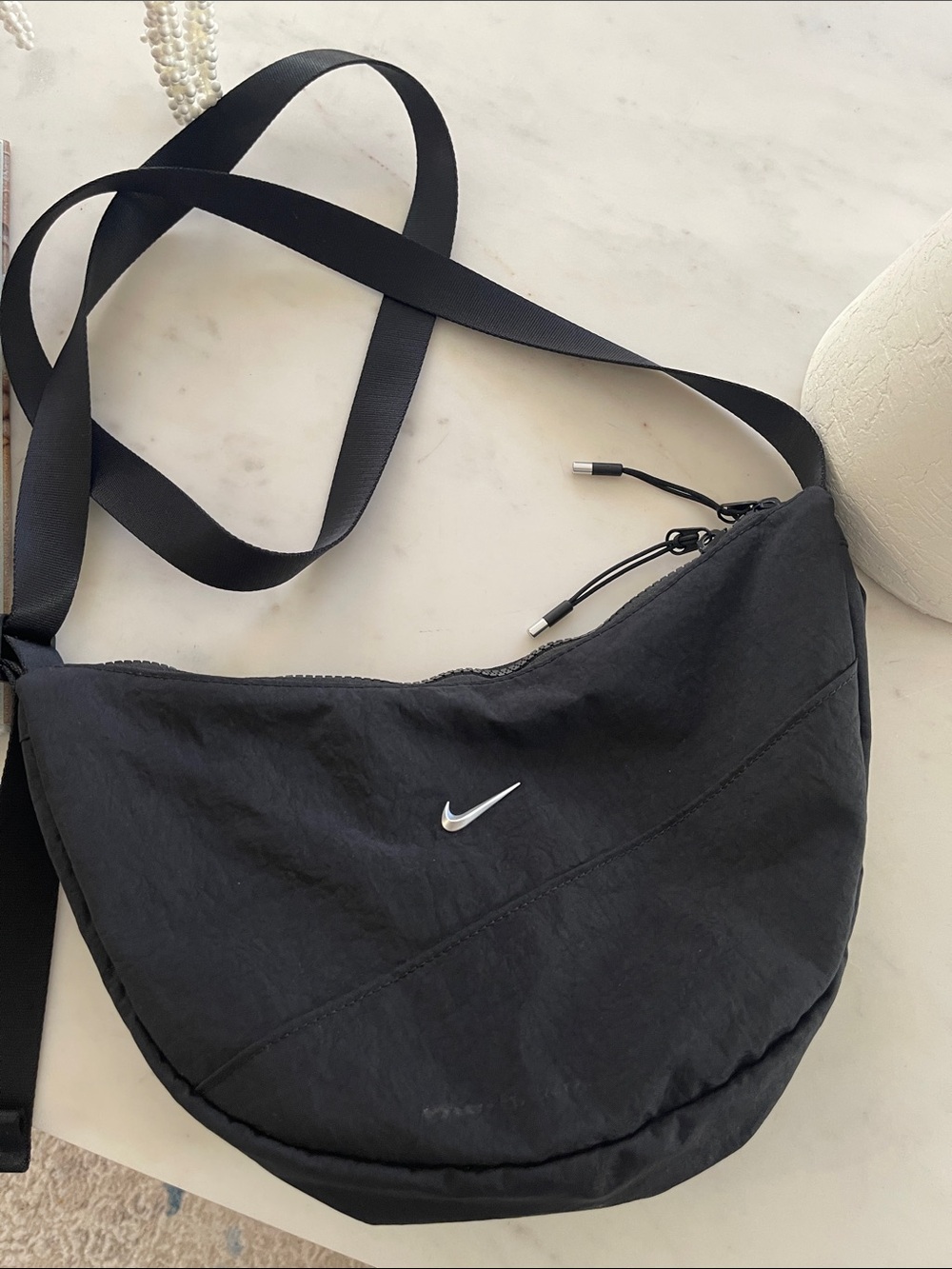 Nike Black Crescent Sling Bag with Silver Swoosh